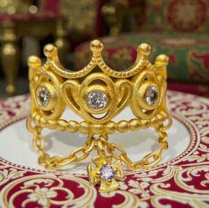 18k Matte Gold Plated Queens Crown Maltese Cross Dangle Chain Ring